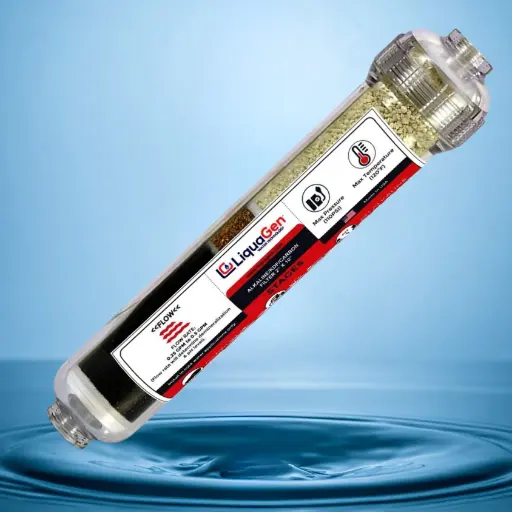 [KDF55] FILTRO DE 3 ELEMENTOS EN LINEA - CARBON+KDF+ALCALINE - CON CONEXIÓN DE 1/4" ROSCA HEMBRA - LIQUAGEN 